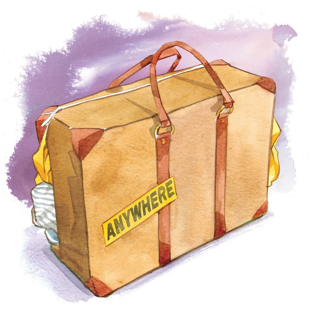 illustration of a suitcase with a sticker that reads, "Anywhere"