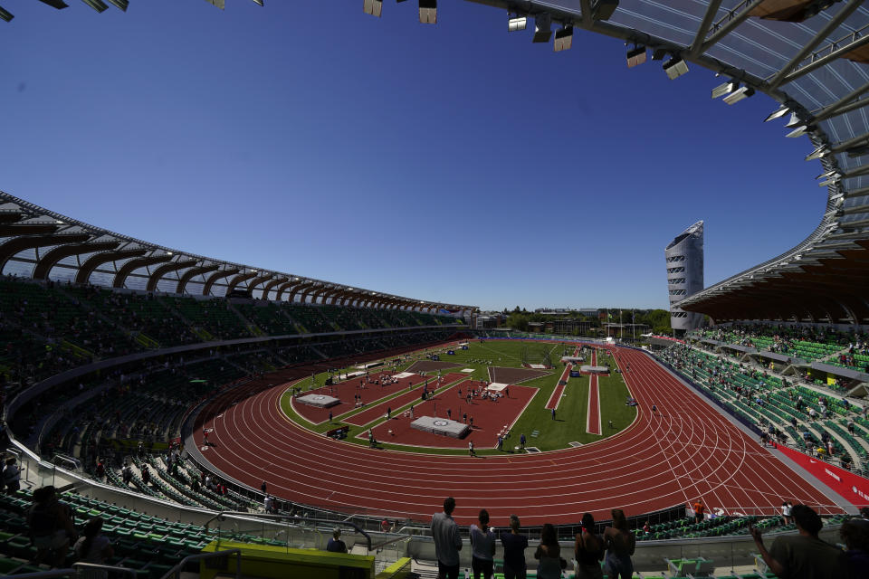 FILE - Athletes competes during the decathlon high jump at the U.S. Olympic Track and Field Trials Saturday, June 19, 2021, in Eugene, Ore. A year after records fell fast and often at the Olympics, track and field returns to the world stage at one of the sport’s most hallowed venues. It’s Eugene, Oregon, known to the locals as TrackTown USA, and it features a sparkling renovated stadium and a very fast track. (AP Photo/Charlie Riedel, File)