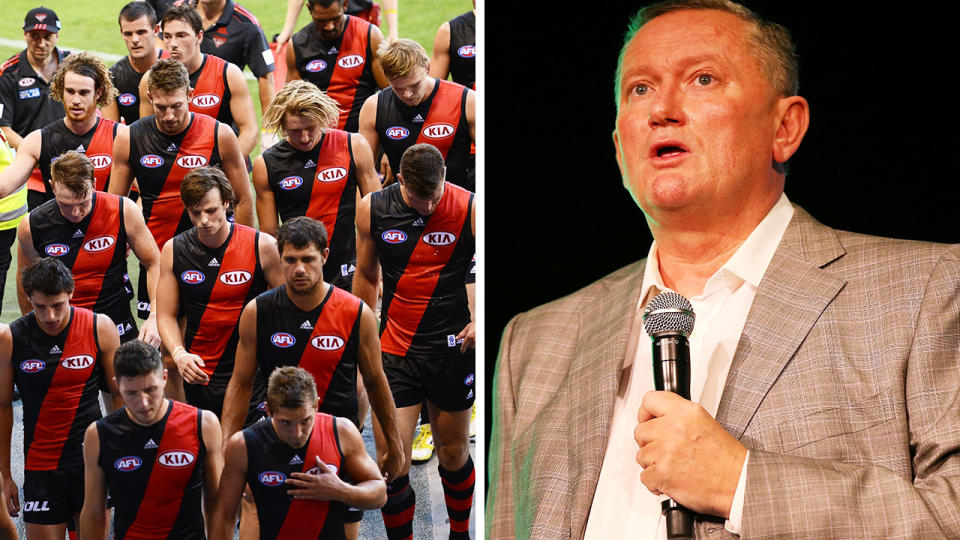 The 2013 Essendon Bombers walk off the field on the left, with Stephen Dank pictured giving a speech on the right.