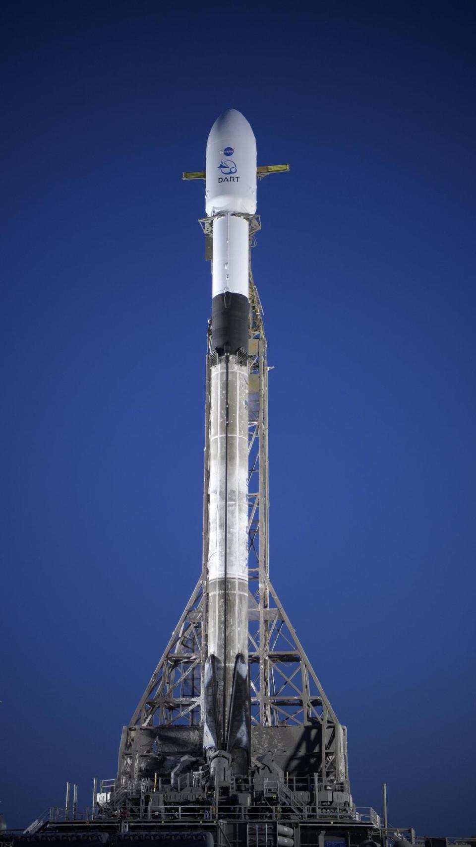 The SpaceX Falcon 9 rocket with the Double Asteroid Redirection Test, or DART, spacecraft onboard, is seen at Space Launch Complex 4E, Vandenberg Space Force Base in California. DART is the world’s first full-scale planetary defense test, demonstrating one method of asteroid deflection technology. The mission was built and is managed by the Johns Hopkins APL for NASA’s Planetary Defense Coordination Office.