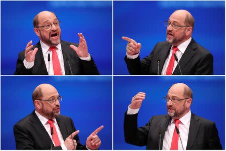A combination picture shows Chancellor candidate Martin Schulz of the Social Democratic party SPD addressing the SPD party convention in Dortmund, Germany, June 25, 2017. REUTERS/Wolfgang Rattay