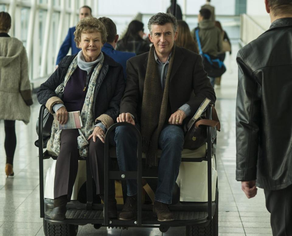 This image released by The Weinstein Company shows Judi Dench, left, and Steve Coogan in a scene from "Philomena." The British comic and Oscar-winning actress co-star in the film opening Friday, Nov. 22, 2013, which explores the benefits and costs of faith through the true story of Philomena Lee. (AP Photo/The Weinstein Company, Alex Bailey)