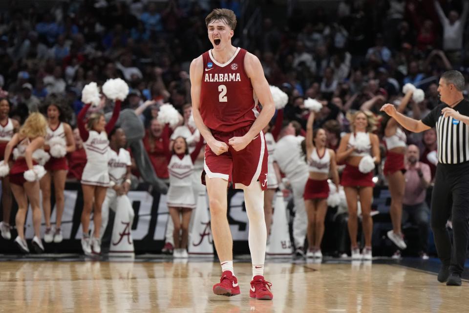 Alabama forward Grant Nelson (2) reacts in the second half against North Carolina in the semifinals of the West Regional of the 2024 NCAA men's tournament at Crypto.com Arena.