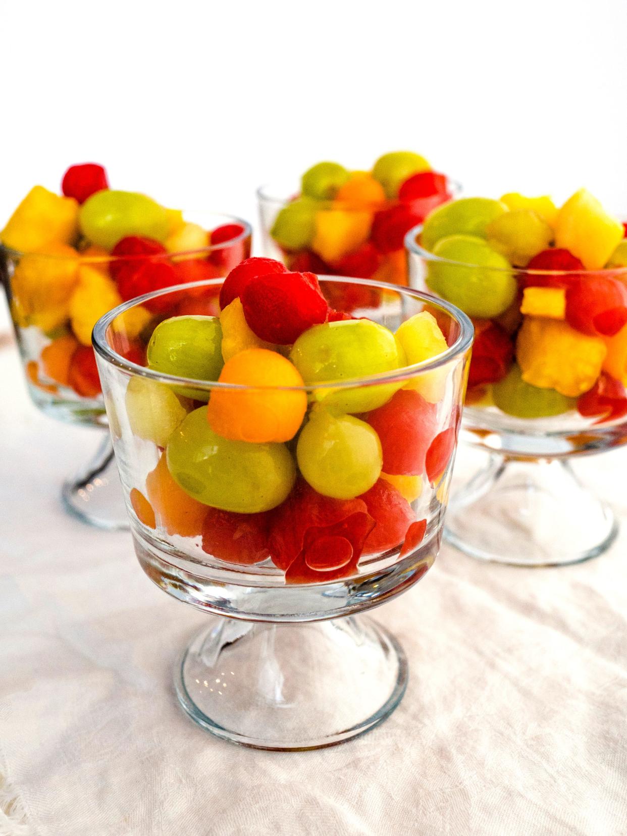 Grande Fruit Bowl features seedless watermelon, honeydew melon, cantaloupe, fresh pineapple and white seedless grapes.