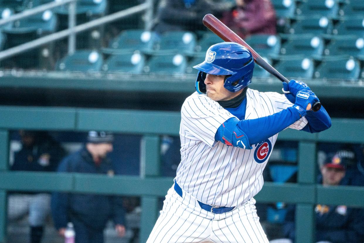 Iowa Cubs' Matt Mervis bats during a game against the Toledo Mud Hens at Principal Park on Tuesday, April 2, 2024, in Des Moines.