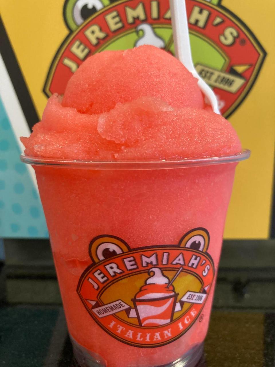 A strawberry lemon Italian Ice at Jeremiah’s Italian Ice.