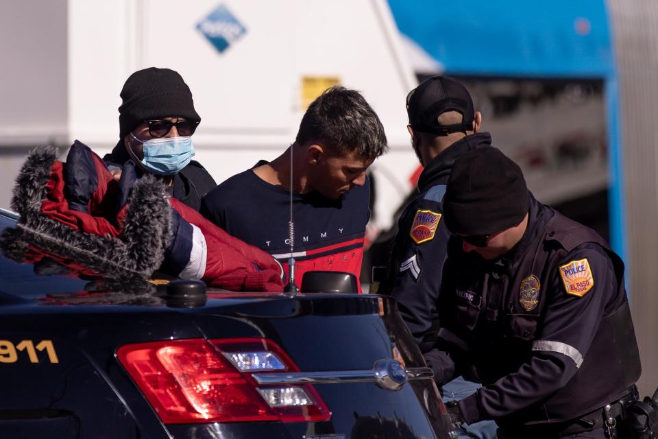 El Paso Police arrest a migrant in front of Sacred Heart Church on Wednesday, Jan. 4, 2023.