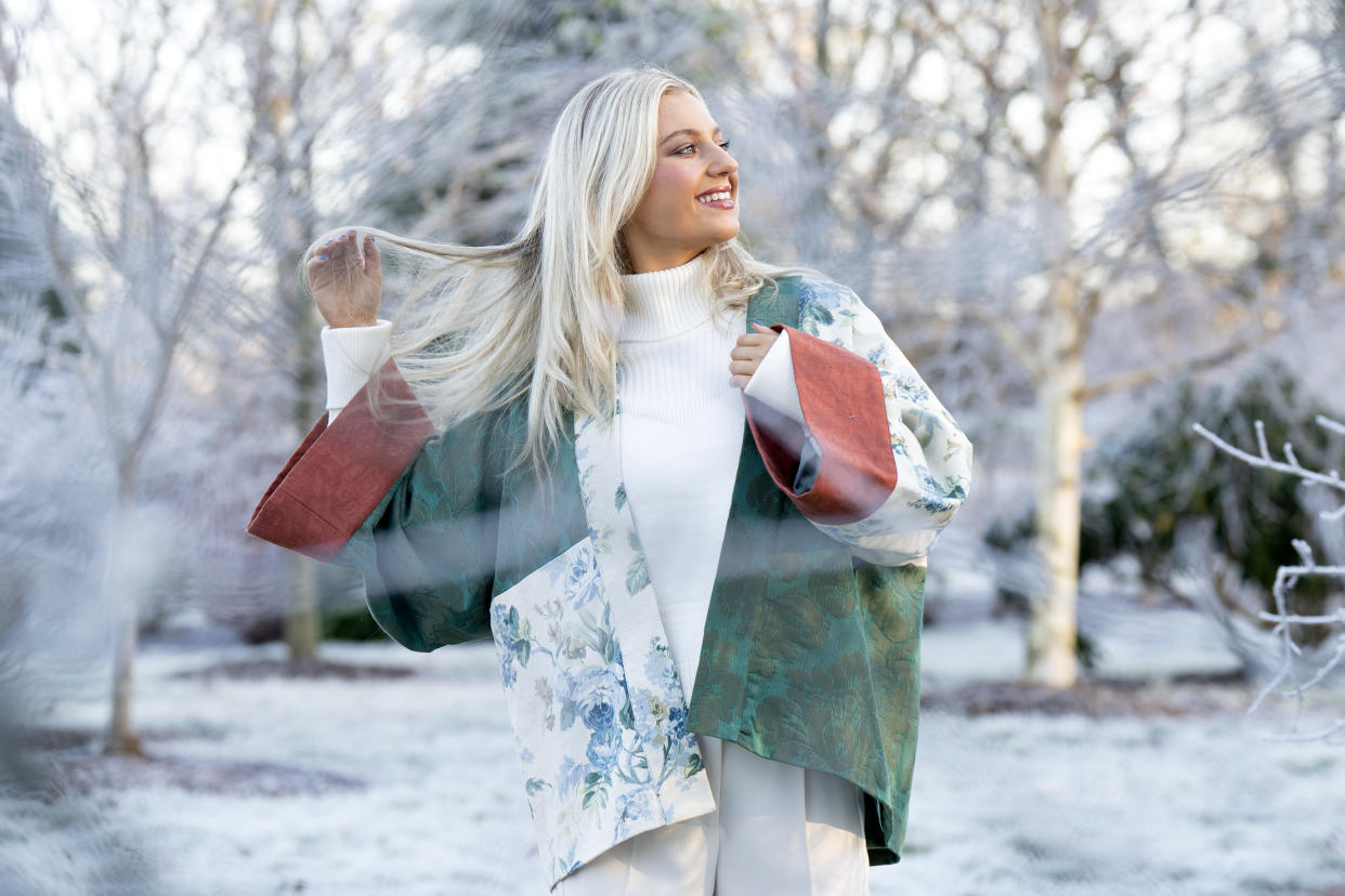 The upcycled damask burnt orange and teal short kimono (Jane Barlow/PA)