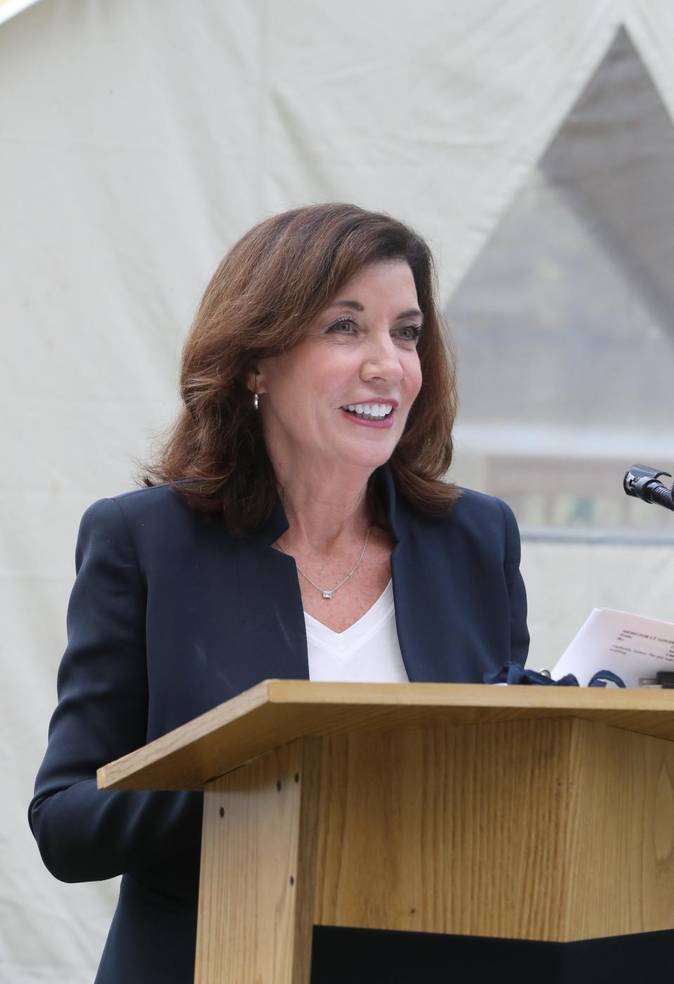 Lt. Gov. Kathy Hochul makes an announcement about summer camping and recreation while visiting the Tentrr campsites at Lake Sebago May. 4, 2021.