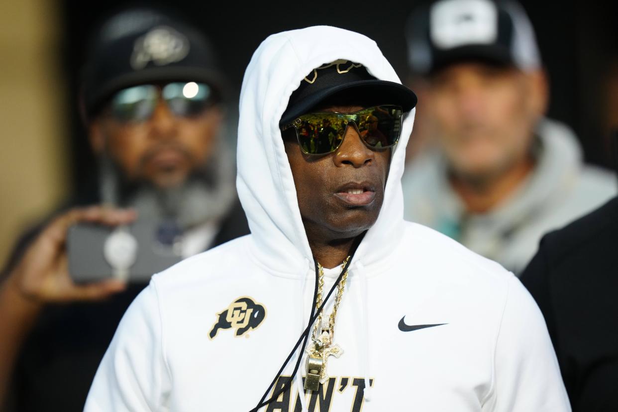 Colorado Buffaloes head coach Deion Sanders before the game against the Colorado State Rams at Folsom Field in Boulder, Colorado on Saturday, Sept. 16, 2023.