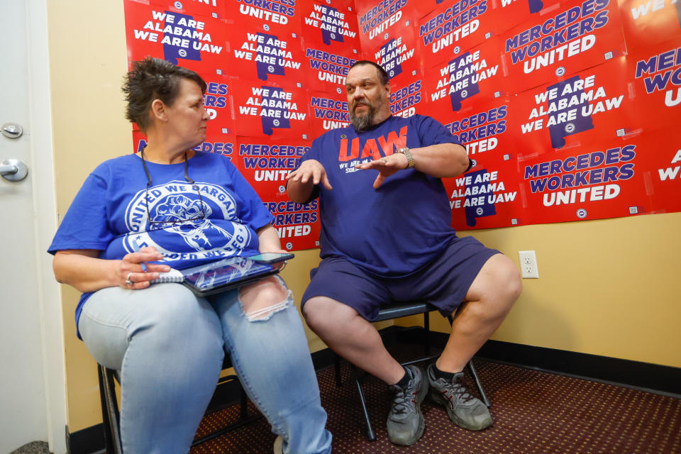 Andrew and Kristina Hall, from Chattanooga, Tennessee. wait for the Mercedes-Benz plant vote count at UAW headquarters Friday, May 17, 2024 in Coaling, Alabama.