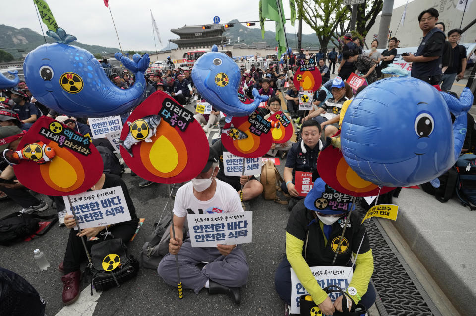 Protesters stage a rally against the Japanese government's decision to release treated radioactive water from the damaged Fukushima nuclear power plant, in Seoul, South Korea, Saturday, July 8, 2023. (AP Photo/Ahn Young-joon)