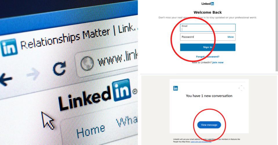 LinkedIn logo and website and screenshots of the scam.
