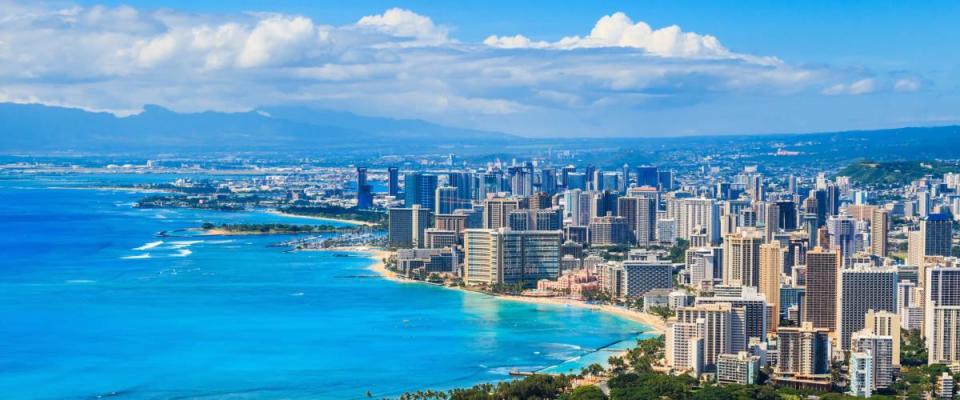 Skyline of Honolulu, Hawaii and the surrounding area including the hotels and buildings on Waikiki Beach