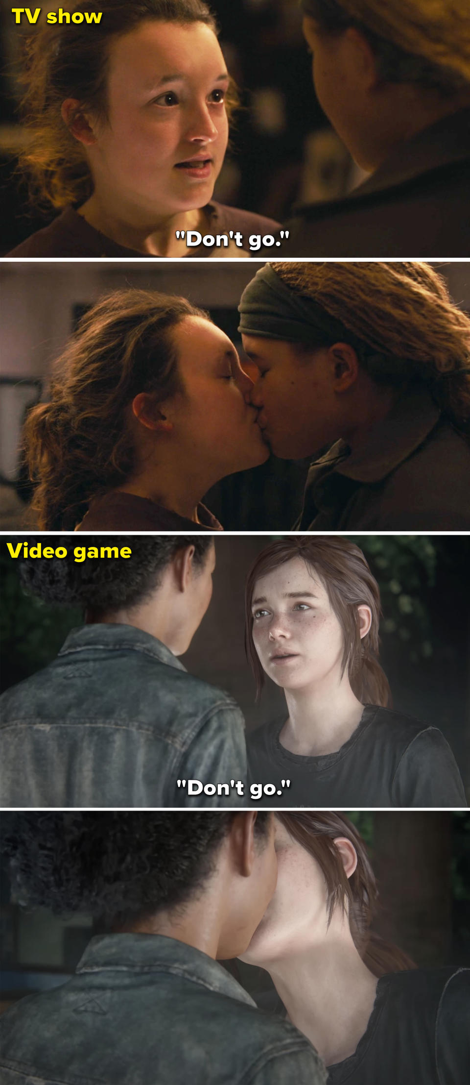 Side-by-side screenshots from "The Last of Us" movie and game