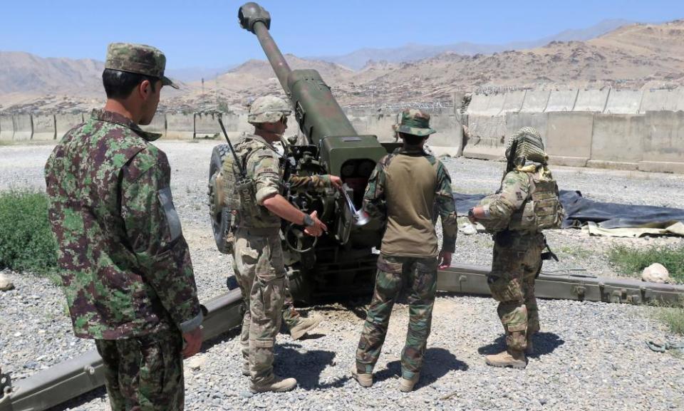 US military advisers work with Afghan soldiers at an Afghan army base in Maidan Wardak province, Afghanistan, on 6 August.