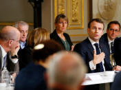 French President Emmanuel Macron gestures as he speaks during a debate with intellectuals at the Elysee Palace in Paris, France March 18, 2019. Michel Euler/Pool via Reuters