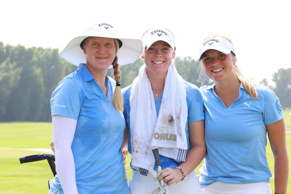 (Left to right) Ingrid Lindblad, Meja Ortengren and Kajsa Arwefjall of <a class="link " href="https://sports.yahoo.com/soccer/teams/sweden-women/" data-i13n="sec:content-canvas;subsec:anchor_text;elm:context_link" data-ylk="slk:Sweden;sec:content-canvas;subsec:anchor_text;elm:context_link;itc:0">Sweden</a> at the first tee during practice round of the Women’s World Amateur Team Championship at Abu Dhabi Golf Club, United Arab Emirates on Monday, Oct. 23, 2023 (Copyright USGA/Steven Gibbons)