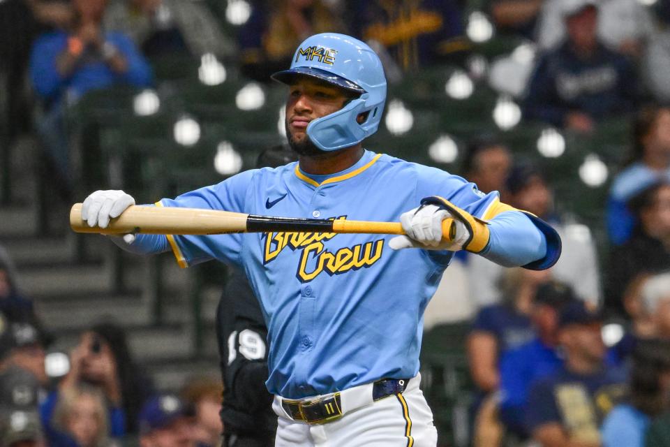 A frustrated Jackson Chourio walks back to the Brewers dugout after striking out against the Rockies in the third inning Friday night at American Family Field.