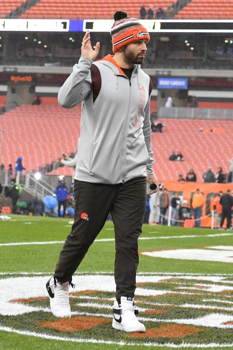 Cleveland Browns quarterback Baker Mayfield before an NFL football game, Sunday, Jan. 9, 2022, in Cleveland. (AP Photo/Nick Cammett)