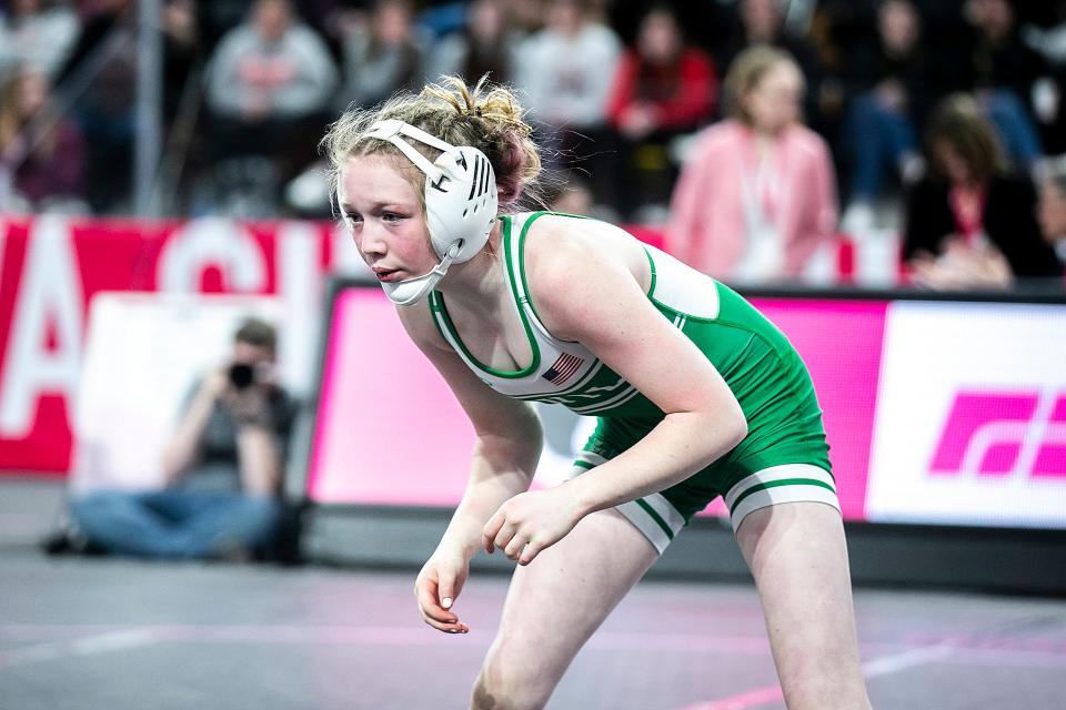Osage's Gable Hemann wrestles at 100 pounds in the finals during the IGHSAU state girls wrestling tournament, Friday, Feb. 3, 2023, at the Xtream Arena in Coralville, Iowa.