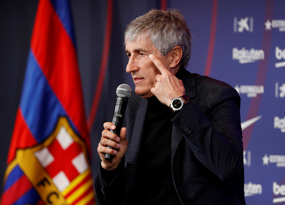 Soccer Football - Quique Setien unveiled as FC Barcelona new coach - Camp Nou, Barcelona, Spain - January 14, 2020   New FC Barcelona coach Quique Setien during the press conference   REUTERS/Albert Gea