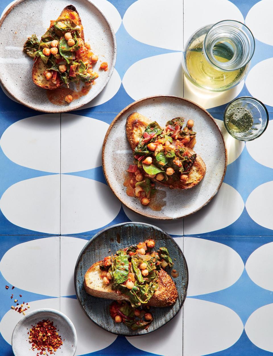 Stewed Chickpeas and Chard over Garlic Toast