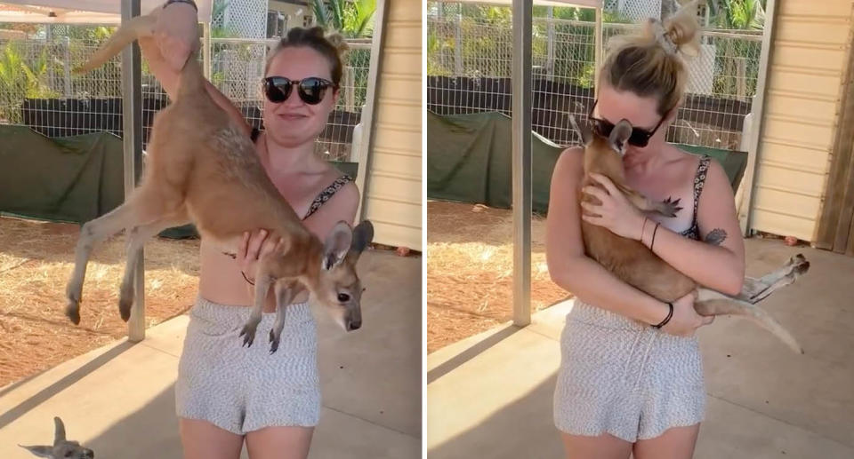 A photo of a WA woman lifting a kangaroo joey by its tail. Another photo of her nuzzling the joey while holding it.