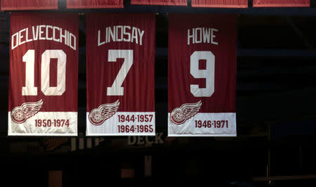 Late National Hockey League (NHL) player Gordie Howe's number nine jersey banner is seen hanging from the rafters of Joe Louis Hockey Arena in Detroit, Michigan, U.S. June 10, 2016. REUTERS/Rebecca Cook