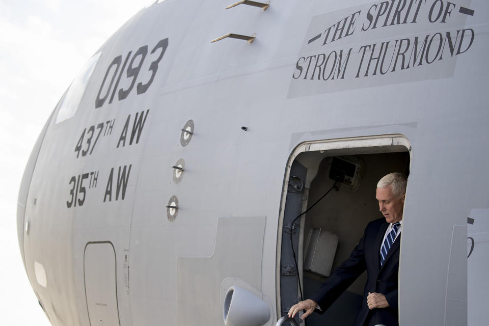 Vice President Mike Pence arrives at Al Asad Air Base, Iraq, Saturday, Nov. 23, 2019. The visit is Pence’s first to Iraq and comes nearly one year since President Donald Trump’s surprise visit to the country. (AP Photo/Andrew Harnik)