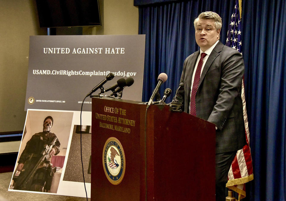 Thomas J. Sobocinski, Special Agent in Charge of the FBI Baltimore Field Office, announces arrests and a federal criminal complaint charging Sara Beth Clendaniel of Catonsville, Maryland, and Brandon Clint Russell of Orlando with conspiracy to destroy an energy facility.  / Credit: Amy Davis/Baltimore Sun/Tribune News Service via Getty Images