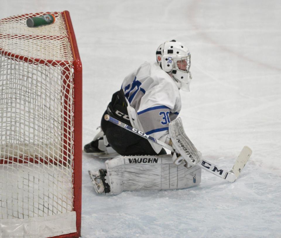 Sartell goalie Noah Hacker slides to position himself for a shot on goal against Monticello during the Granite City Hockey Showcase at the MAC on Tuesday, Dec. 28, 2021. 