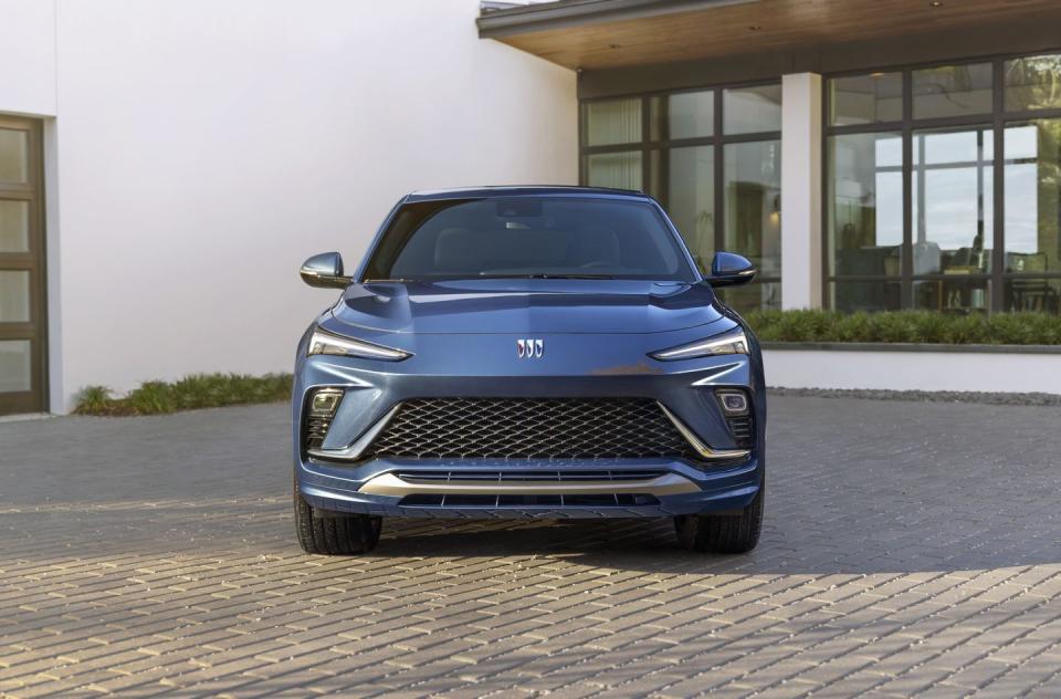 front view of the 2024 buick envista avenir in ocean blue metallic preproduction model shown actual production model may vary available in summer 2023