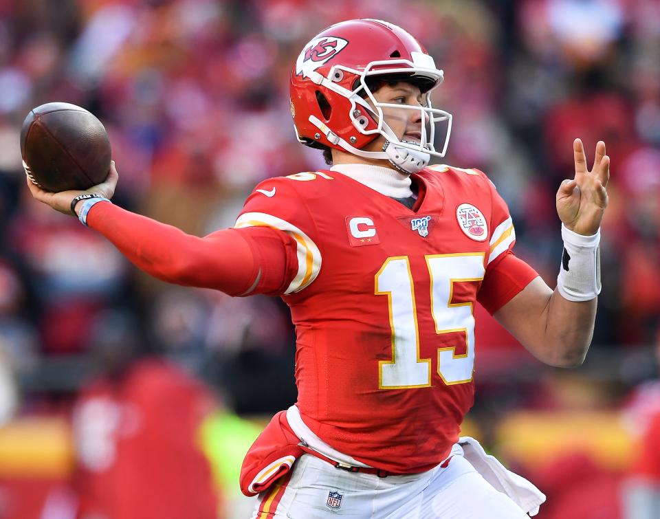 Kansas City Chiefs quarterback Patrick Mahomes (15) throws a pass against the Tennessee Titans during the second quarter of the AFC Championship game at Arrowhead Stadium Sunday, Jan. 19, 2020 in Kansas City, Mo. 