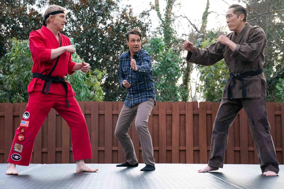 <p>Curtis Bonds Baker/Netflix</p> From left: William Zabka, Ralph Macchio and Yuji Okumoto on 