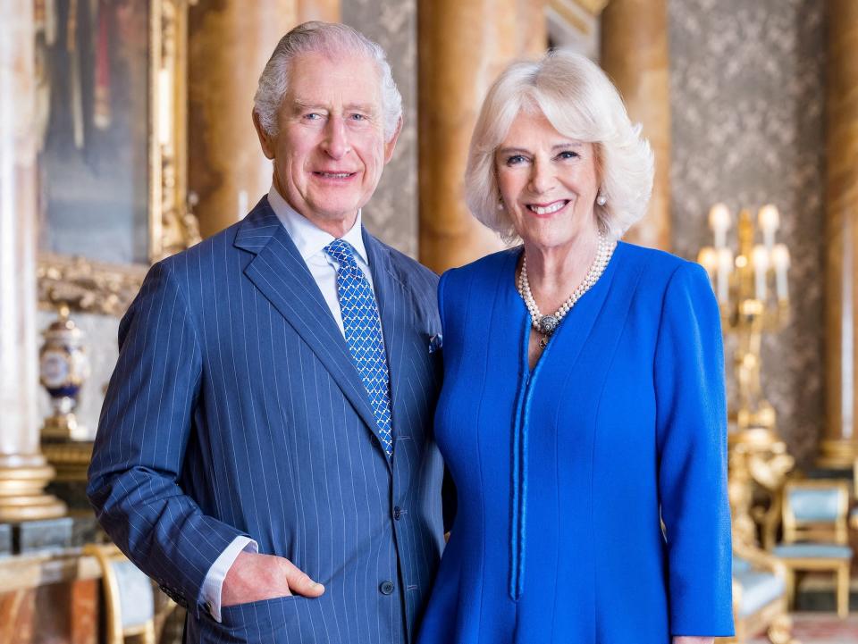 King Charles III and Camilla, Queen Consort, pose for a photo in Buckingham Palace ahead of the coronation.