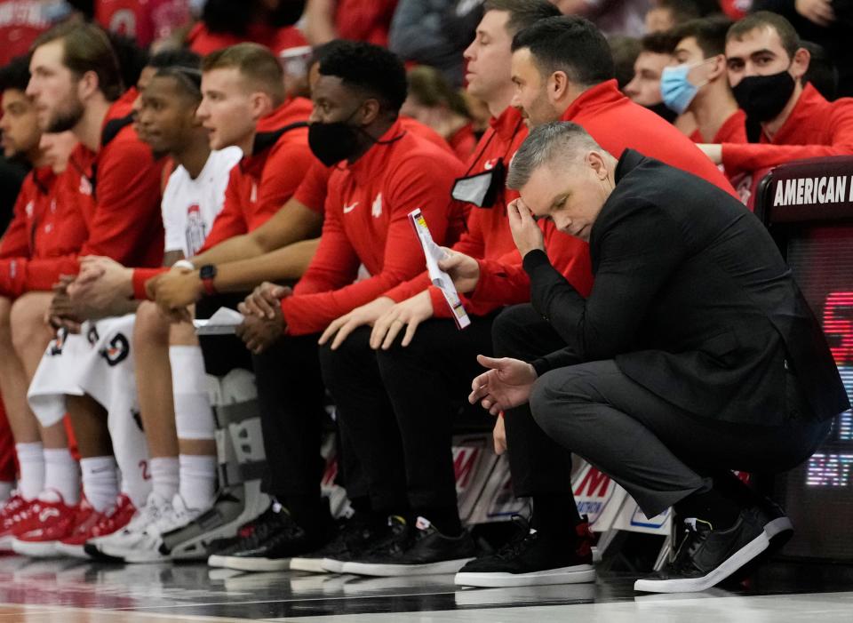 Tue., Mar. 1, 2022; Columbus, Ohio, USA; Ohio State Buckeyes head coach Chris Holtmann watches from the sideline during the first half of a NCAA Division I men’s basketball game between the Ohio State Buckeyes and the Nebraska Cornhuskers at Value City Arena.