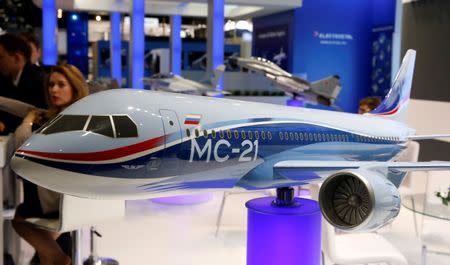 A model of the Russian Irkut MC-21 aircraft is is pictured at the ILA Berlin Air Show in Schoenefeld, south of Berlin, Germany, June 1, 2016. REUTERS/Fabrizio Bensch