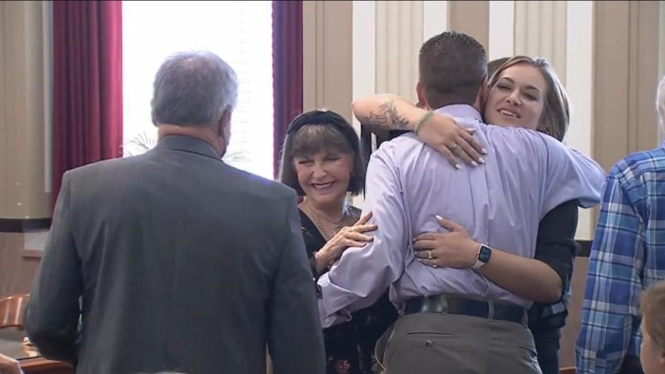 Jan and Alexis Bynum, embrace friends and family in court. William Reece pleaded guilty in Galveston and Brazoria Counties and was given three life sentences: one for each murder. / Credit: KTVT