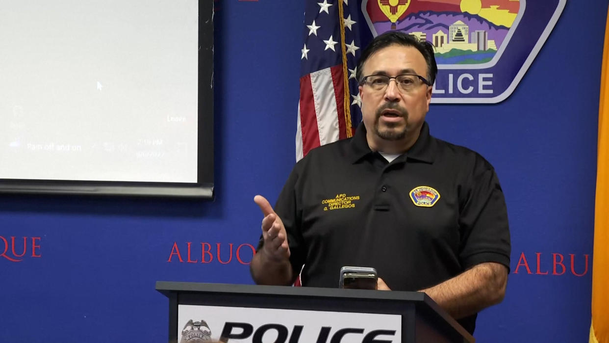 Albuquerque police spokesman Gilbert Gallegos addresses the media Saturday about the slayings of four Muslim men since November. (KOB)