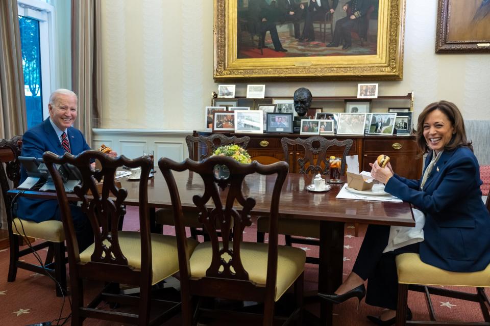 President Joe Biden places a carry-out order for his lunch with the Vice President at local restaurant “Ghost Burger” while recording a video about the importance of supporting small businesses, Tuesday, January 17, 2023, in the Oval Office Dining Room.