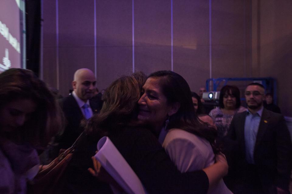 Congresswoman-Elect Deb Haaland backstage before delivering her acceptance speech in Albuquerque, New Mexico midterms election night Tuesday, Nov. 6, 2018. (AP Photo/Juan Labreche)