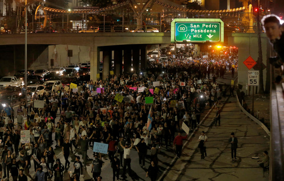 Demonstrators take over the Hollywood 101 Freeway in protest to the election of Donald Trump