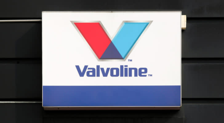 VVV stock: a valvoline sign with a white background and blue and red accents