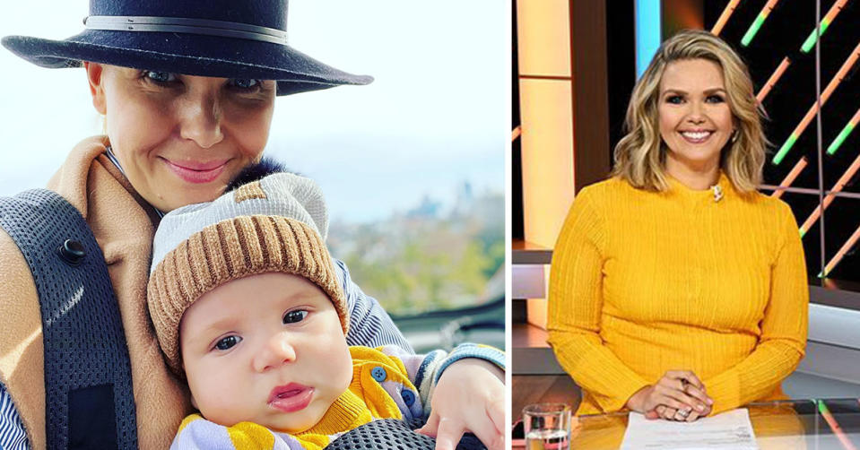 L: Edwina Bartholomew in a black hat smiles with her son Tom. R: Edwina Bartholomew on the set of Sunrise.