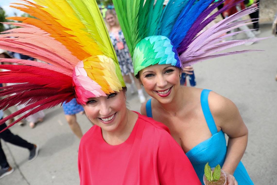 The Hat Girls, Rachel Carroll and Kate Smith, wear their creations at Churchill Downs in Louisville, Ky., Saturday, May 4, 2024. Amy Wallot