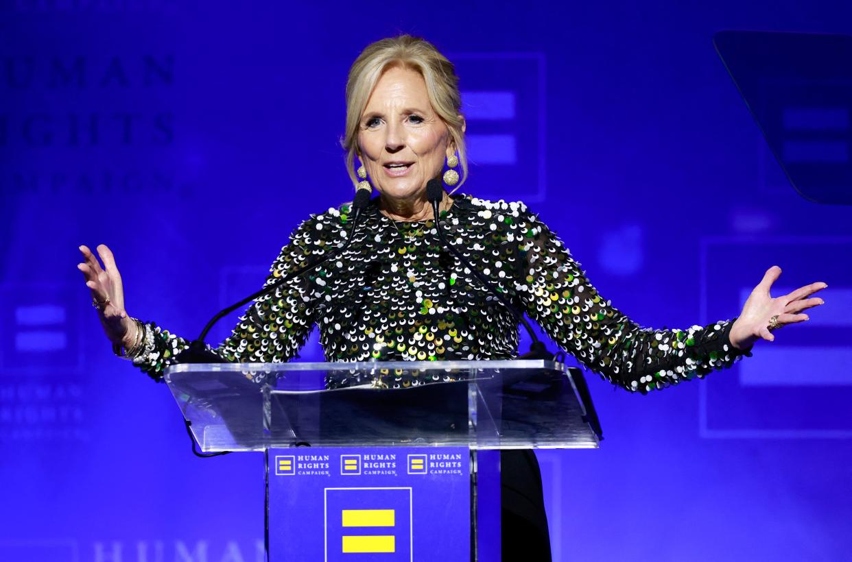 First Lady Jill Biden speaks on stage during the Human Rights Campaign's 2024 Los Angeles dinner at the Fairmont Century Plaza in Los Angeles (AFP via Getty Images)