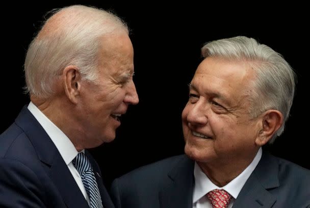 PHOTO: Mexican President Andres Manuel Lopez Obrador, right, and President Joe Biden shake hands at the National Palace in Mexico City, Jan. 9, 2023. (Fernando Llano/AP, FILE)