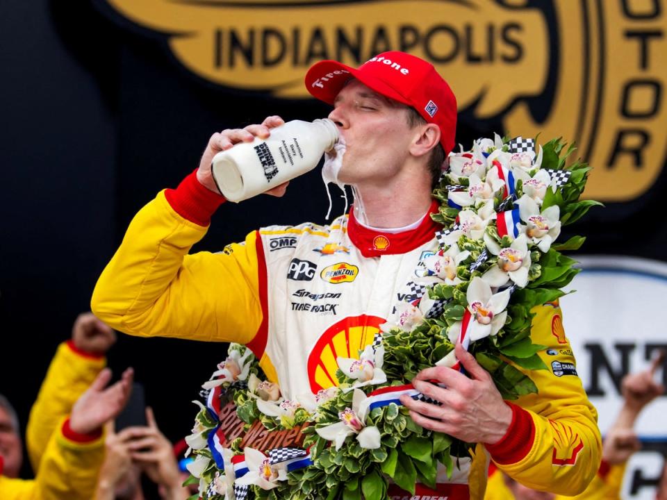 Indycar Series driver Josef Newgarden celebrates after winning the 108th running of the Indianapolis 500 at Indianapolis Motor Speedway on Sunday 26 May 2024 (Reuters)