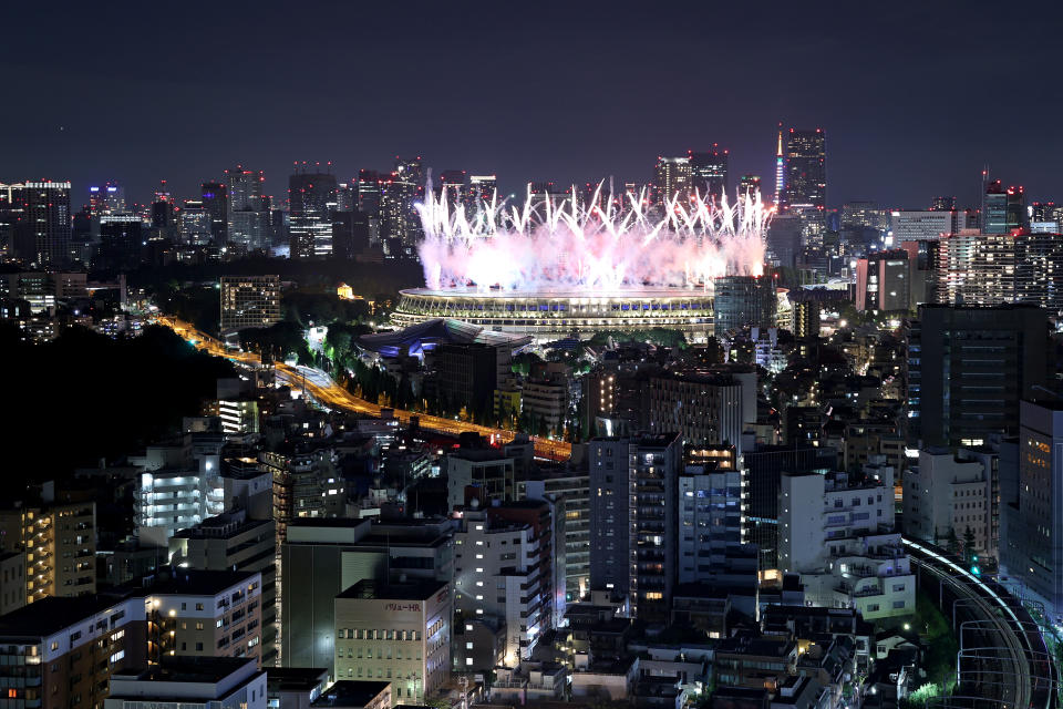 TOKYO, JAPAN - AUGUST 08: Fireworks erupt over the stadium during the Closing Ceremony of the Tokyo 2020 Olympic Games at Olympic Stadium on August 08, 2021 in Tokyo, Japan. (Photo by Toru Hanai/Getty Images)